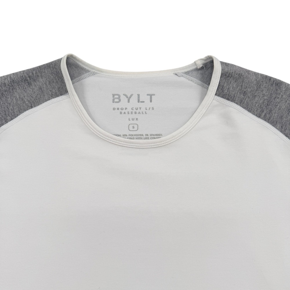 BYLT Drop Cut LS Baseball Lux Shirt Mens Small White Grey Raglan Long Sleeve Tee - Picture 3 of 8